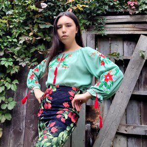 Green and Red Floral Top From Ukraine